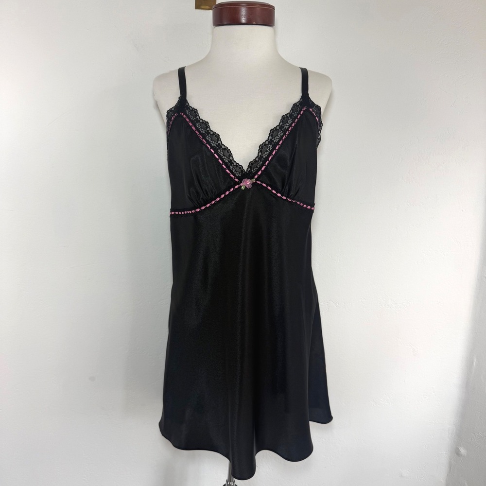 Oscar de la Renta Pink Label Black Satin Slip Dress‎ Pink Lace Y2K Coquette L